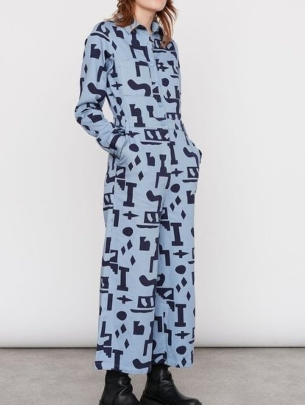 Lazy Oaf Jumpsuit in Blue Shapes Bric-a-brac Pattern size 12